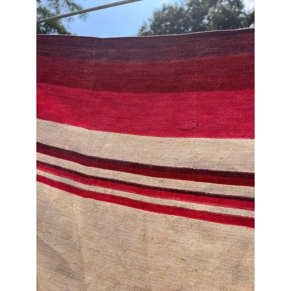 Vintage Red Striped Tablecloth with Embroidered Floral Center Motif